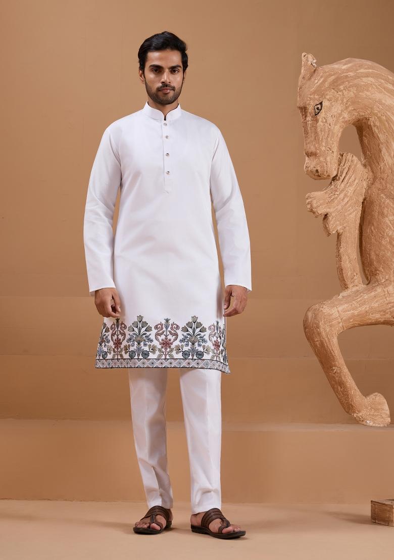 White Embroidered Silk Kurta Set For Men - Indya