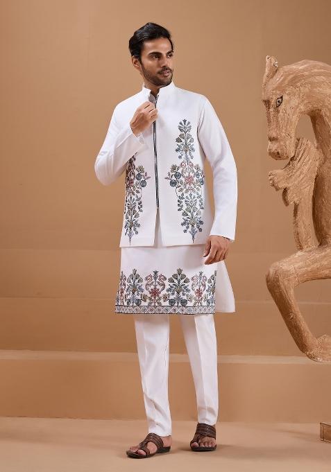White Embroidered Silk Kurta Set For Men