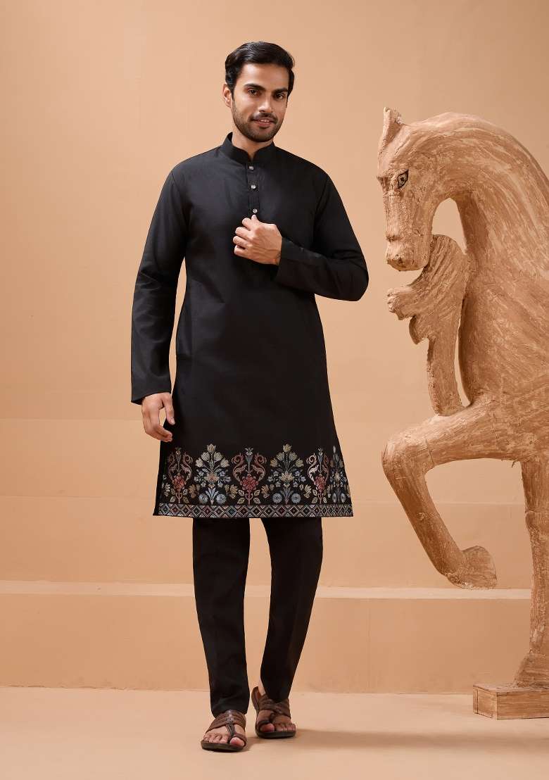 Black Embroidered Silk Blend Kurta Set For Men - Indya