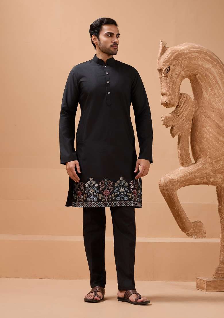 Black Embroidered Silk Blend Kurta Set For Men - Indya