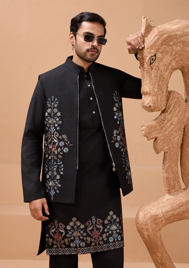 Black Embroidered Silk Kurta Set For Men - Indya