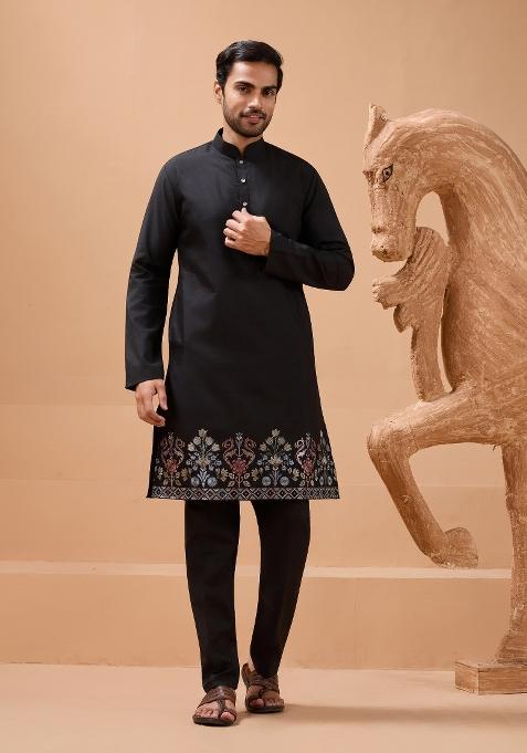 Black Embroidered Silk Kurta Set For Men