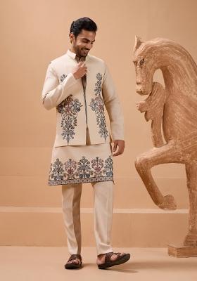 Beige Embroidered Silk Kurta Set For Men