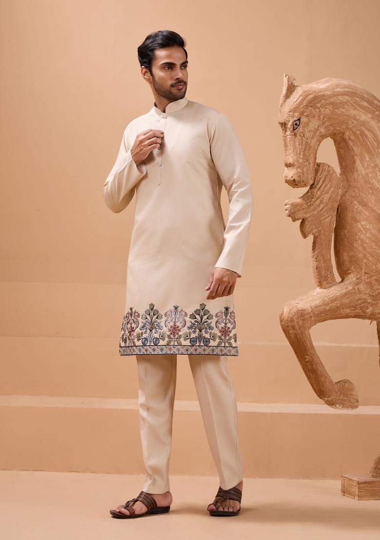 Beige Embroidered Silk Kurta Set For Men - Indya