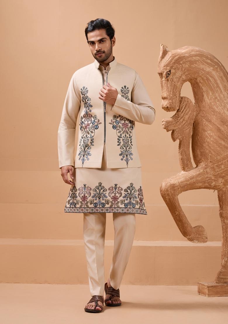 Beige Embroidered Silk Kurta Set For Men - Indya