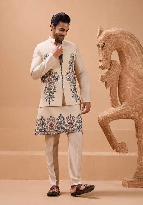 Beige Embroidered Silk Kurta Set For Men