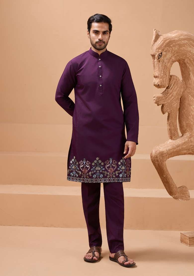 Purple Embroidered Silk Blend Kurta Set For Men - Indya