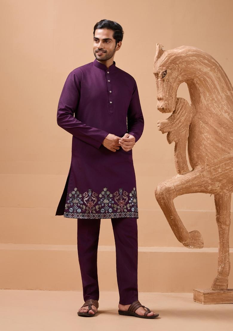 Purple Embroidered Silk Kurta Set For Men - Indya