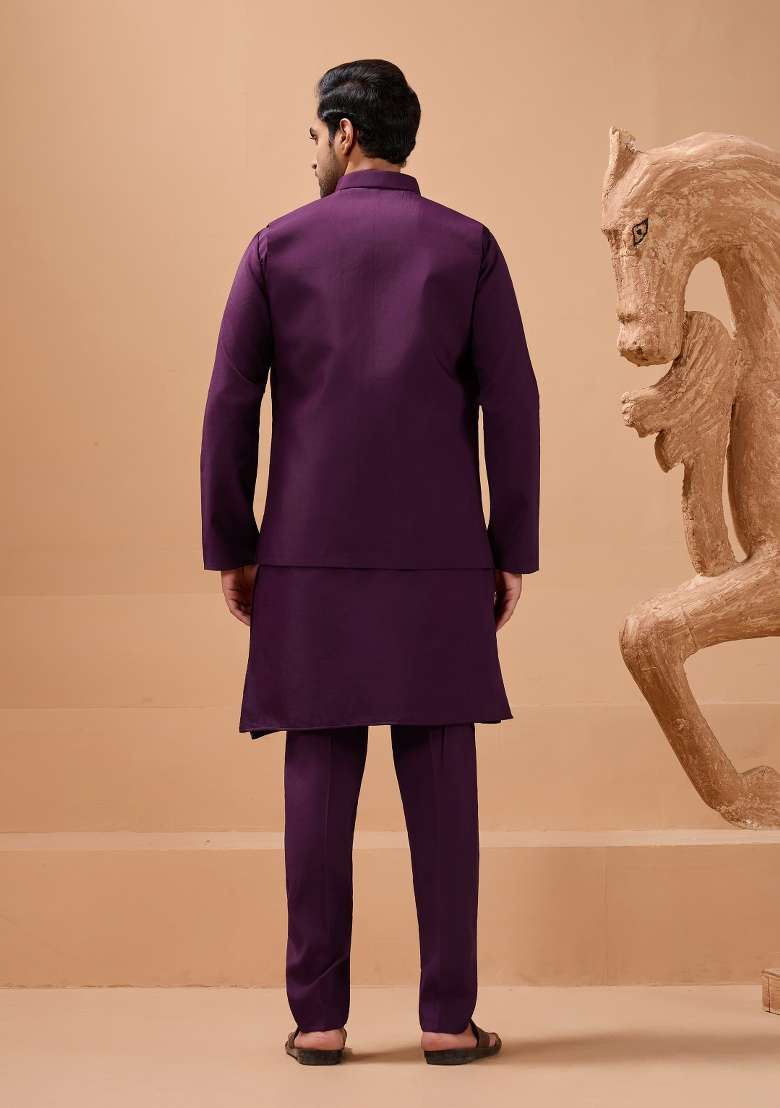 Purple Embroidered Silk Blend Kurta Set For Men - Indya