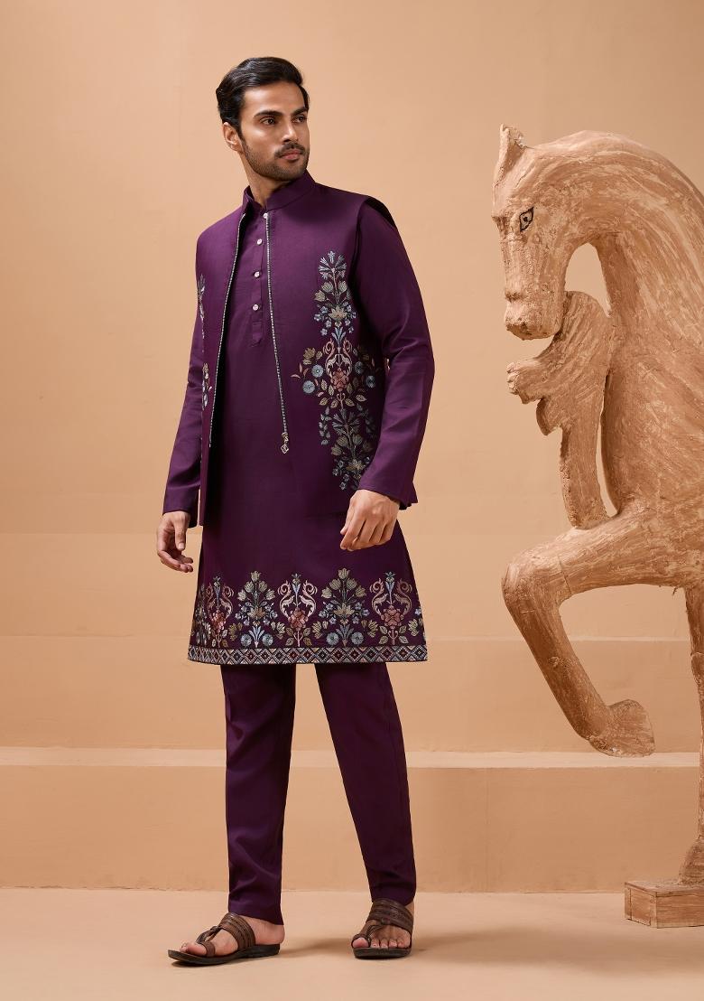 Purple Embroidered Silk Kurta Set For Men - Indya