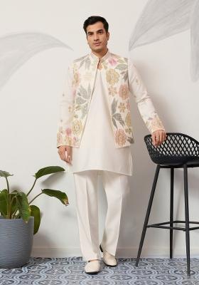 White Embroidered Silk Kurta Set For Men