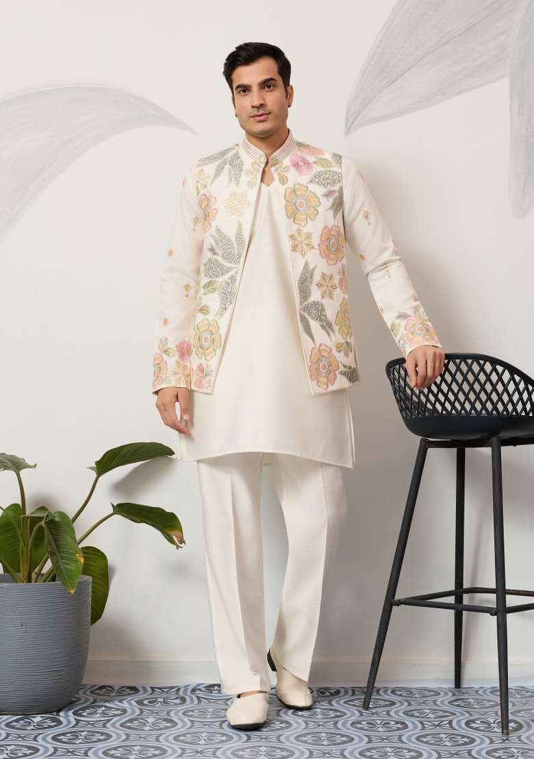 White Embroidered Silk Blend Kurta Set For Men - Indya