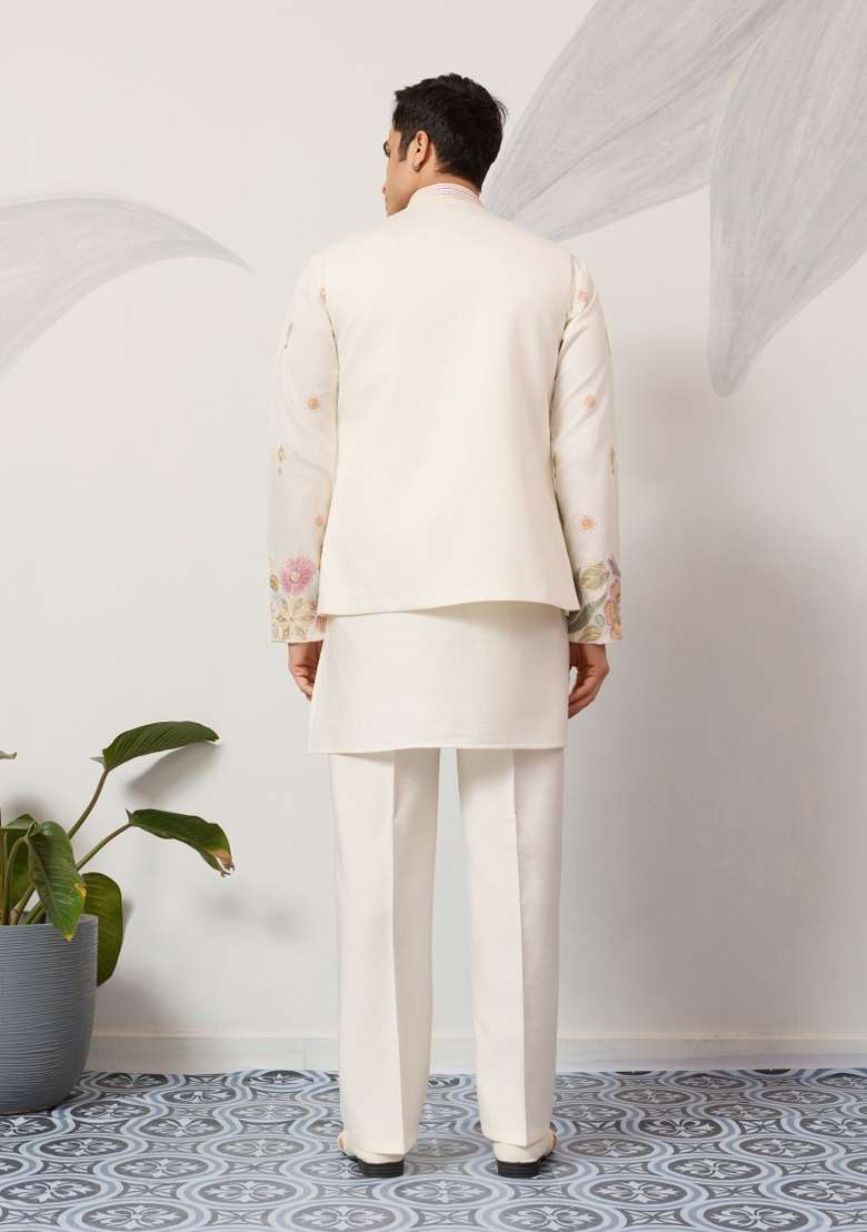 White Embroidered Silk Blend Kurta Set For Men - Indya