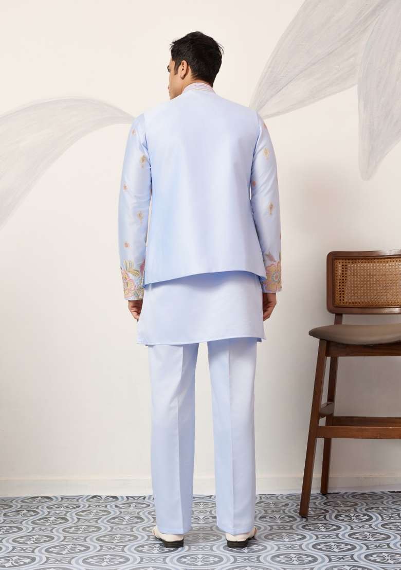 Sky Blue Embroidered Silk Blend Kurta Set For Men - Indya