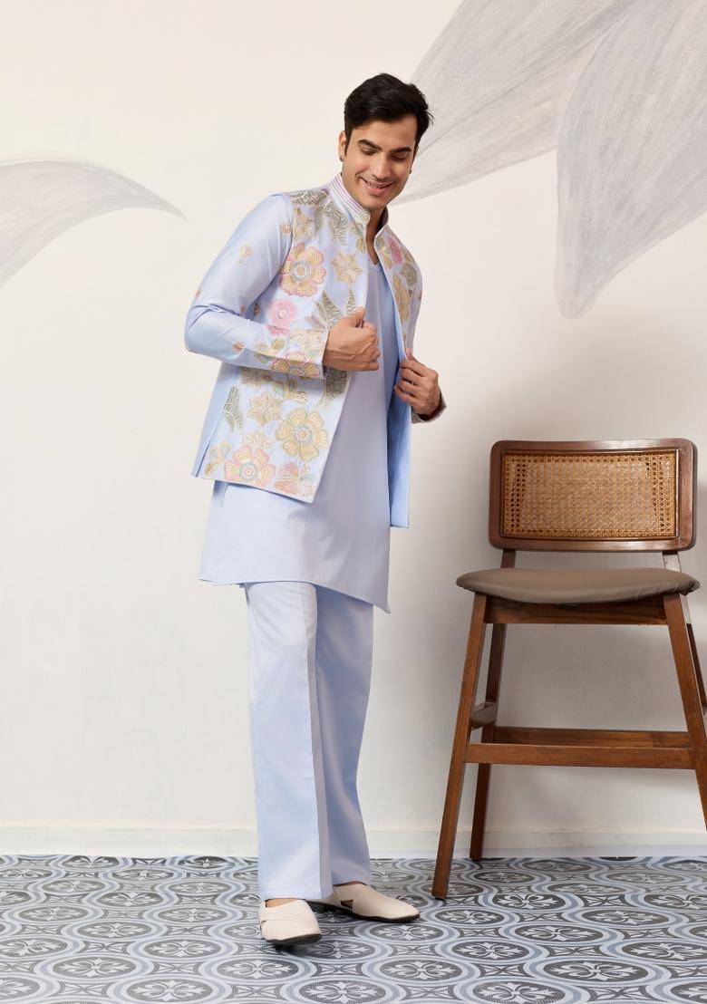 Sky Blue Embroidered Silk Kurta Set For Men - Indya