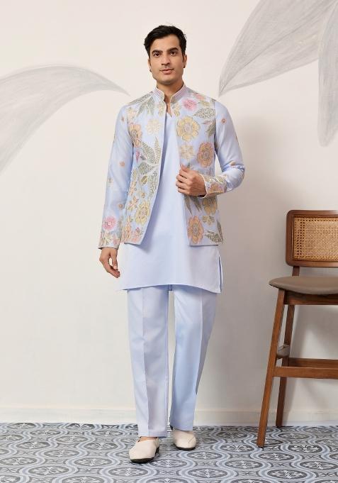 Sky Blue Embroidered Silk Kurta Set For Men