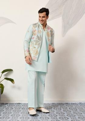 Pista Green Embroidered Silk Kurta Set For Men