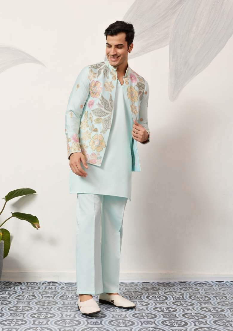 Pista Green Embroidered Silk Blend Kurta Set For Men - Indya