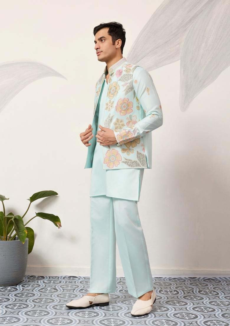 Pista Green Embroidered Silk Kurta Set For Men - Indya