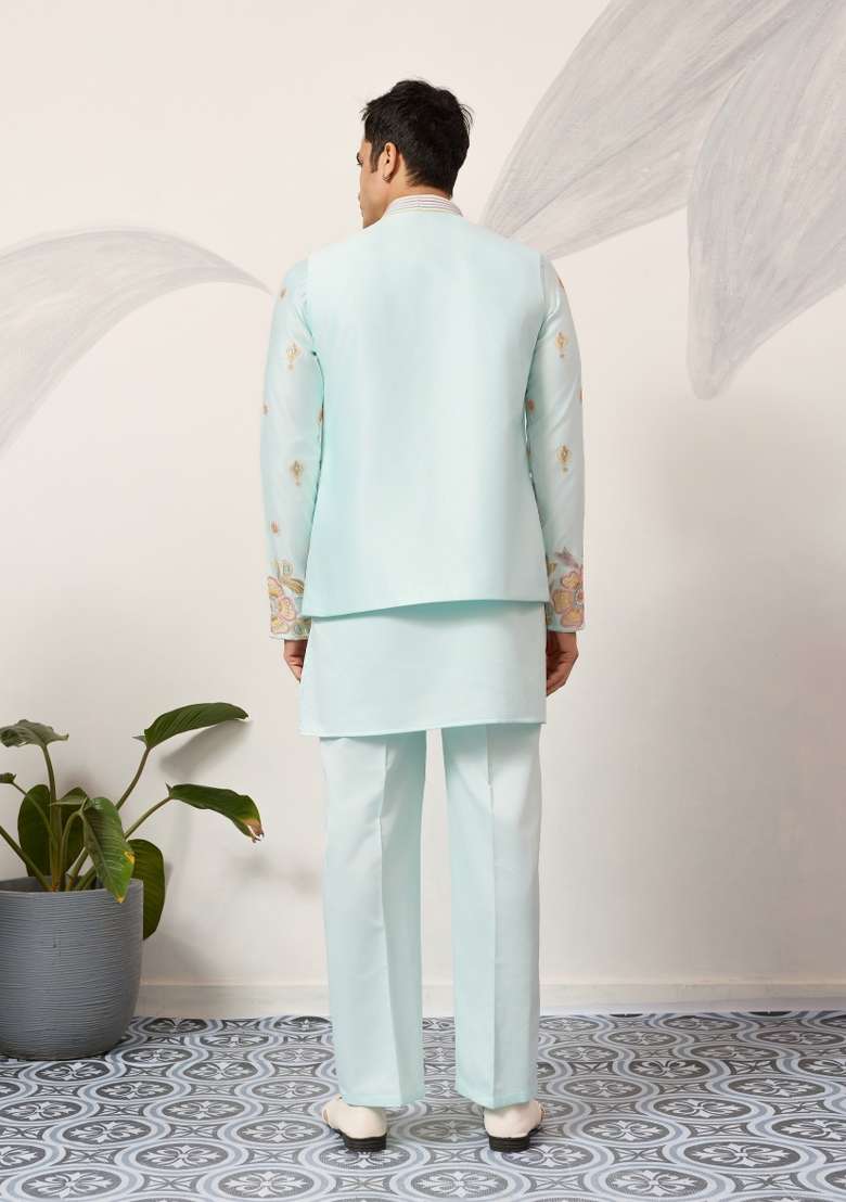 Pista Green Embroidered Silk Blend Kurta Set For Men - Indya