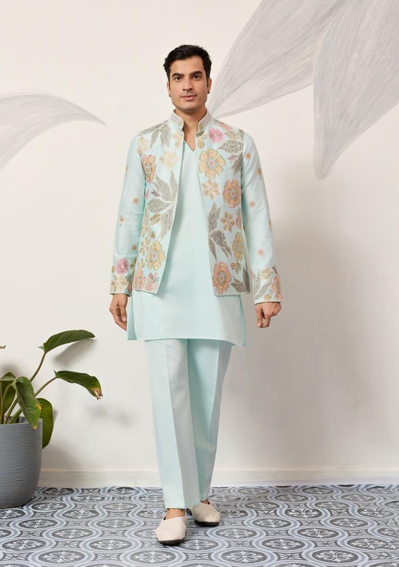 Pista Green Embroidered Silk Kurta Set For Men - Indya