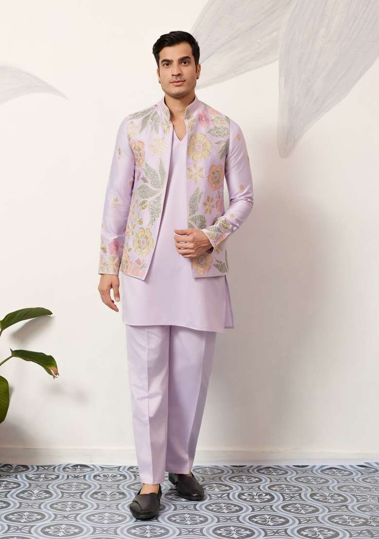 Pink Embroidered Silk Blend Kurta Set For Men - Indya
