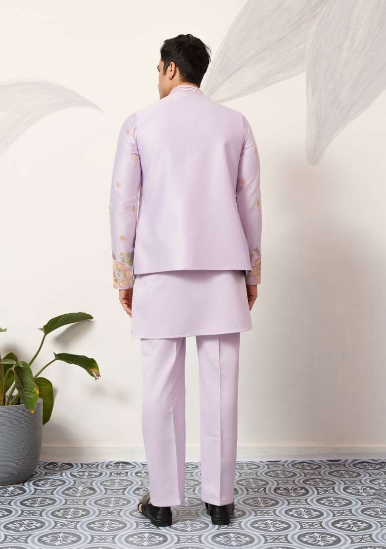 Pink Embroidered Silk Blend Kurta Set For Men - Indya