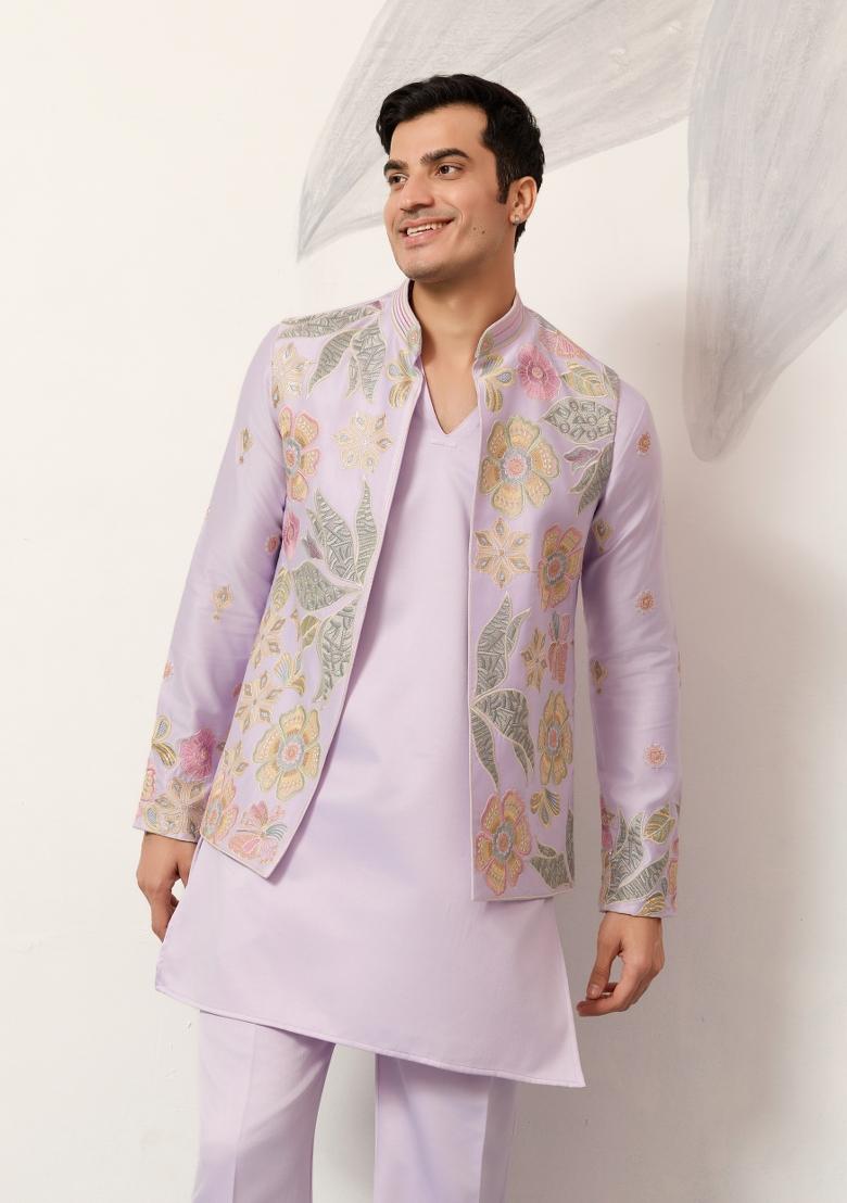 Pink Embroidered Silk Kurta Set For Men - Indya