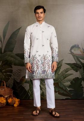 White Embroidered Silk Kurta For Men