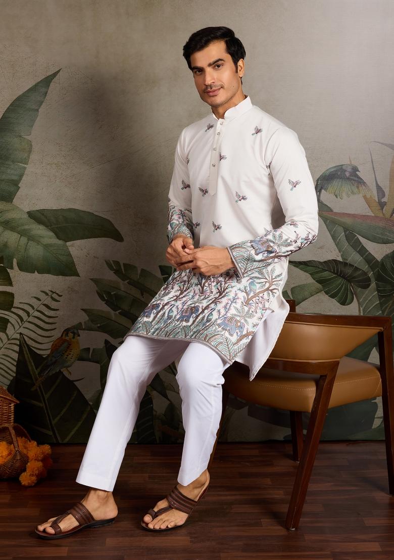 White Embroidered Silk Kurta For Men - Indya