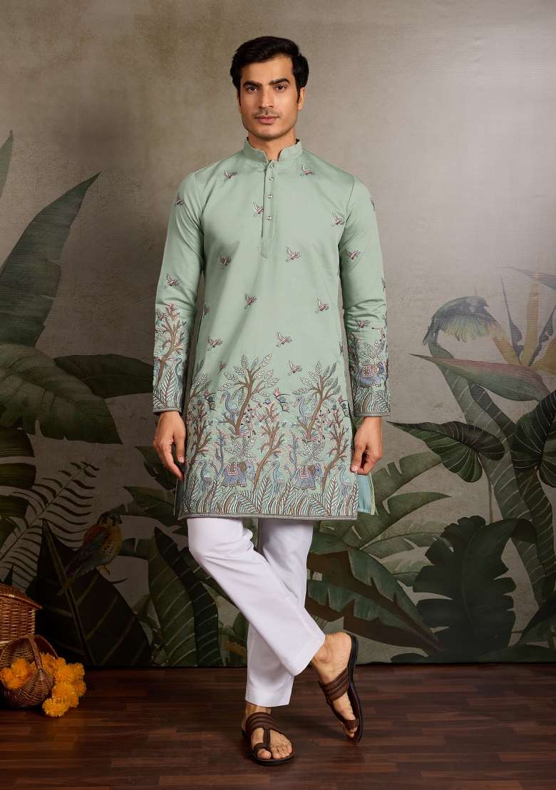 Pista Green Embroidered Silk Kurta For Men - Indya