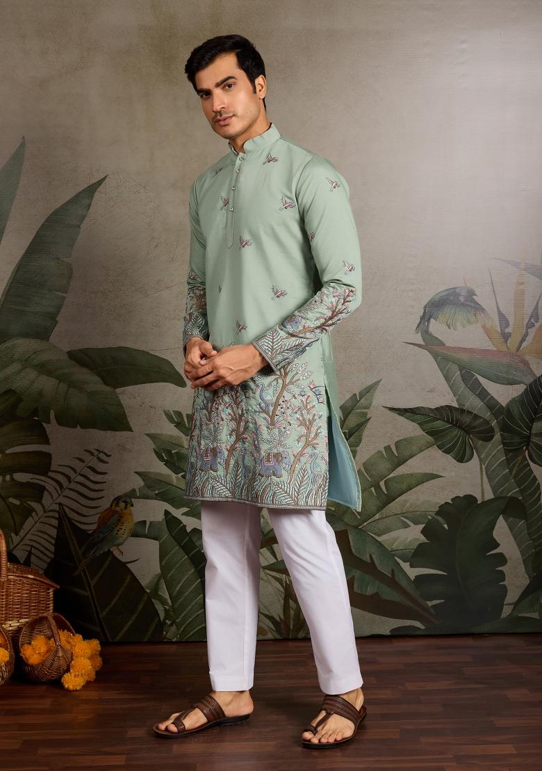 Pista Green Embroidered Silk Kurta For Men - Indya