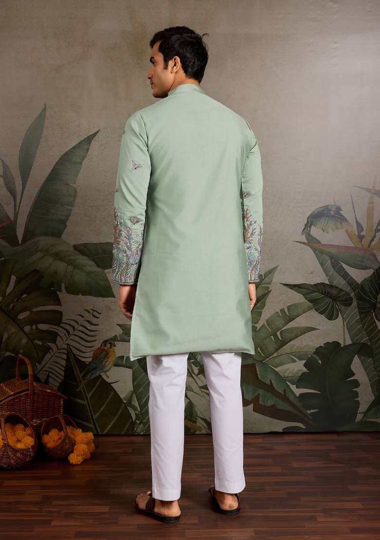 Pista Green Embroidered Silk Kurta For Men - Indya