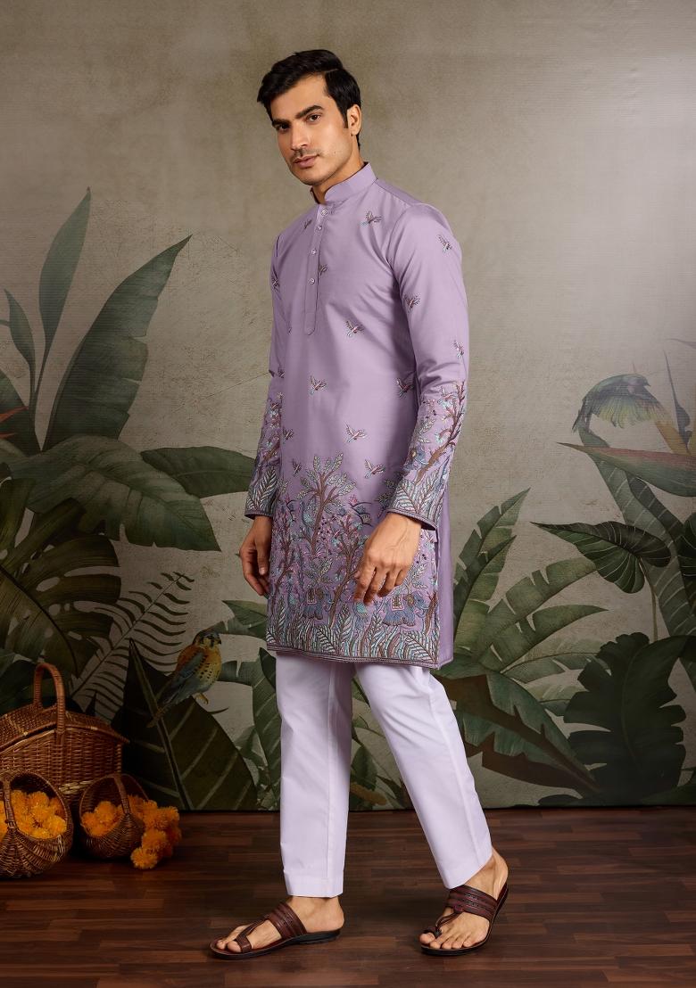 Lavender Embroidered Silk Kurta For Men - Indya