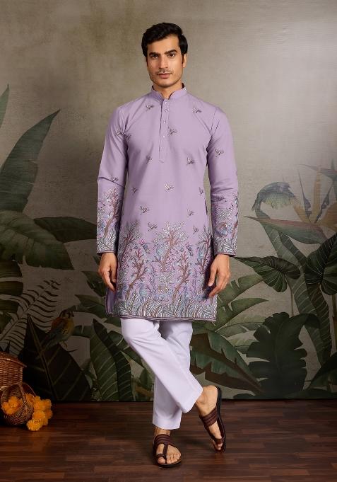 Lavender Embroidered Silk Kurta For Men