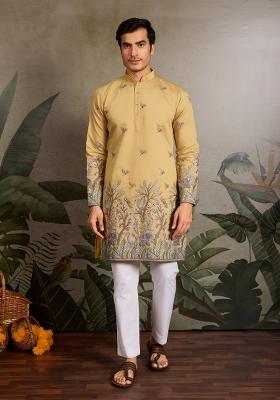 Yellow Embroidered Silk Kurta For Men