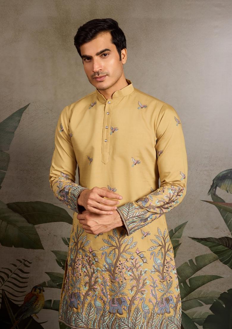 Yellow Embroidered Silk Kurta For Men - Indya