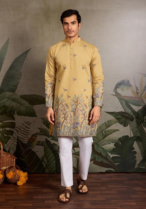 Yellow Embroidered Silk Kurta For Men