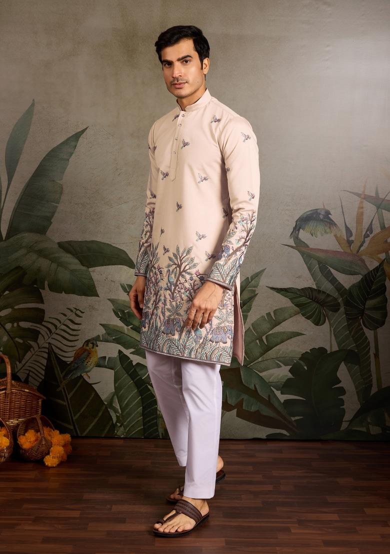 Beige Embroidered Silk Kurta For Men - Indya