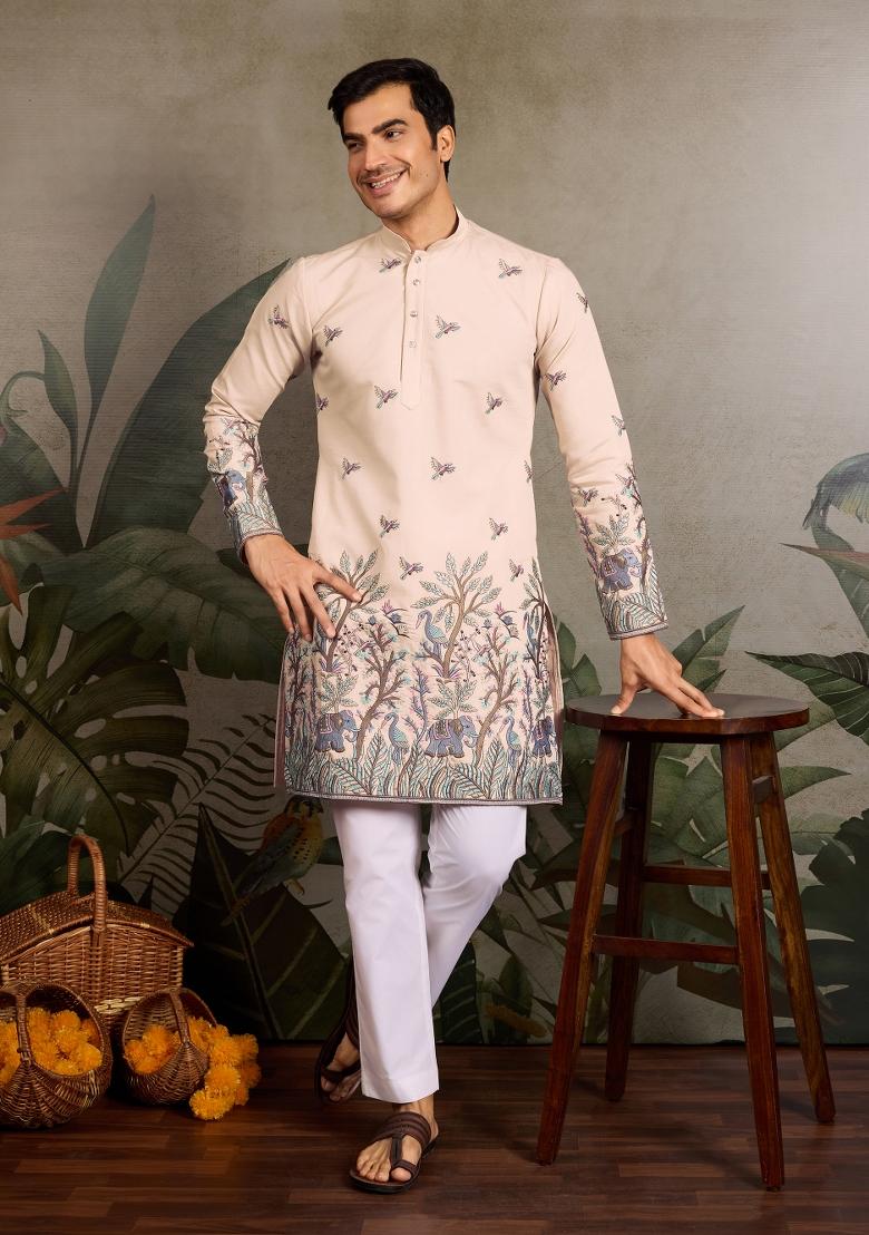 Beige Embroidered Silk Kurta For Men - Indya