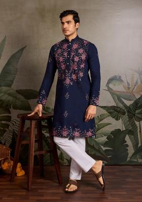 Navy Blue Embroidered Silk Kurta For Men