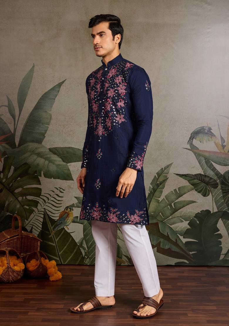 Navy Blue Embroidered Silk Kurta For Men - Indya