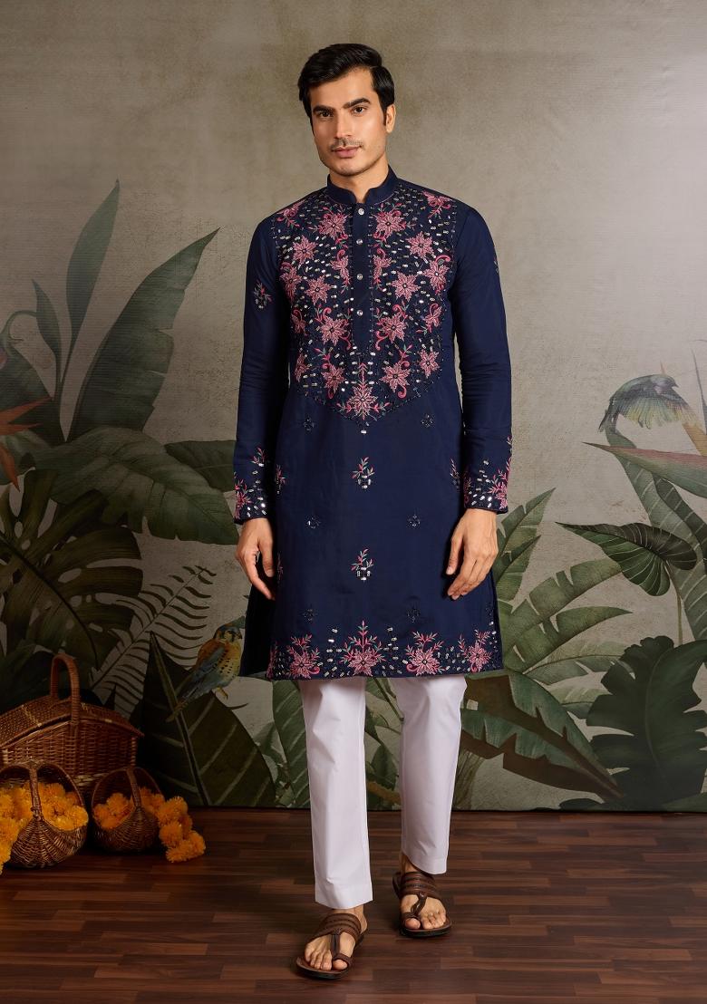 Navy Blue Embroidered Silk Kurta For Men - Indya