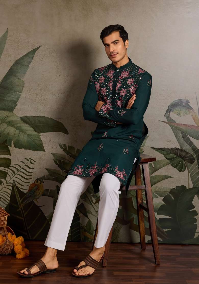Green Embroidered Silk Blend Kurta For Men - Indya