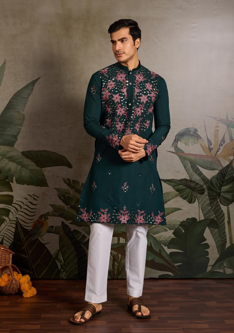 Green Embroidered Silk Kurta For Men - Indya
