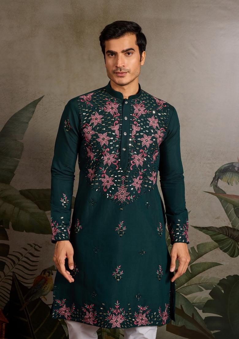 Green Embroidered Silk Kurta For Men - Indya