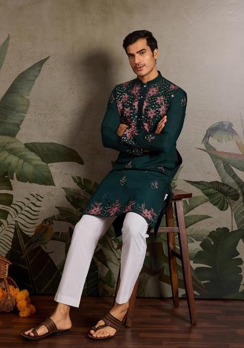 Green Embroidered Silk Blend Kurta For Men