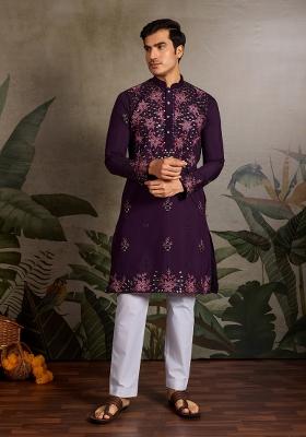 Purple Embroidered Silk Kurta For Men