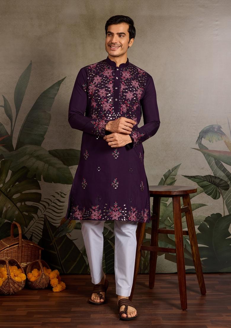 Purple Embroidered Silk Kurta For Men - Indya