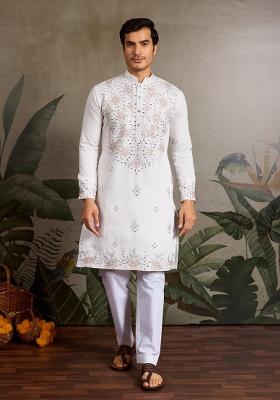 White Embroidered Silk Kurta For Men